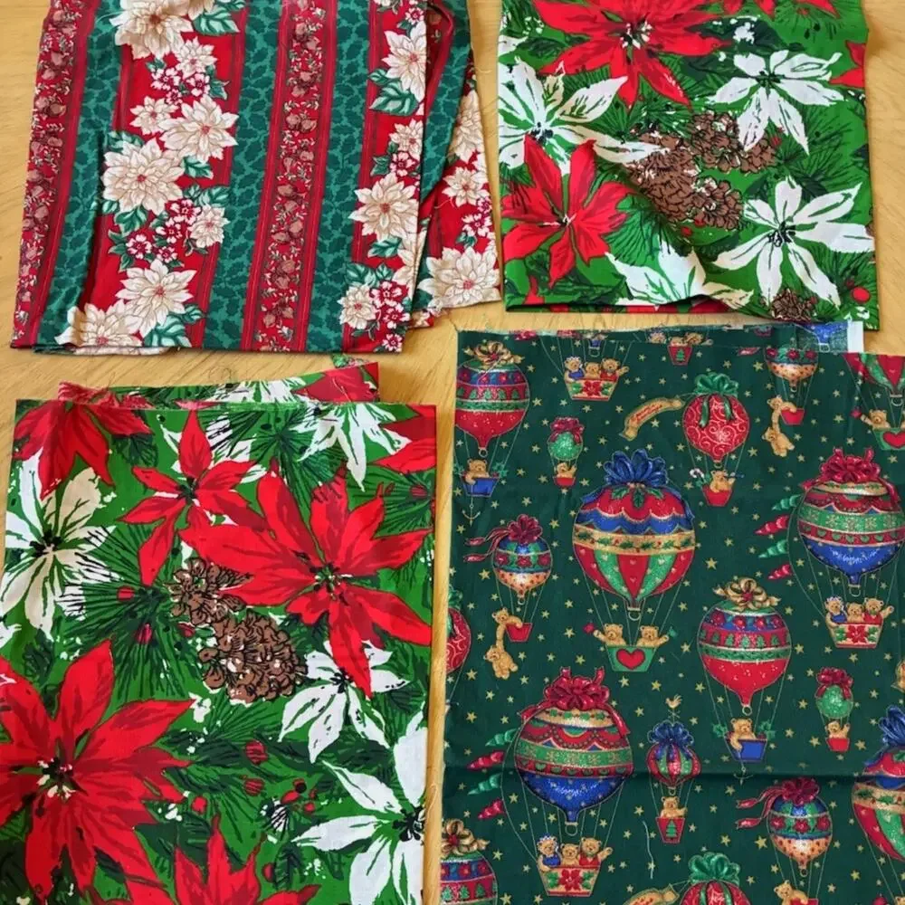 VTG Christmas Fabric Lot Springs Mills Peter Pan Poinsettia Teddy Bear 6 Yds